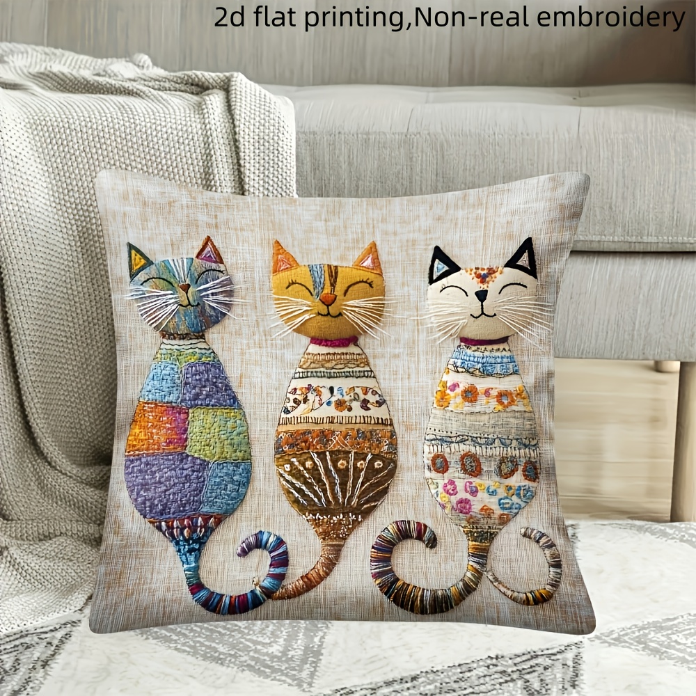 Funda de almohada estampada en 2D, 1 pieza, con patrón de tres gatos juguetones, colorida y adorable - Lavable a máquina, perfecta para decoración del hogar, sofá y dormitorio. Relleno no incluido. Sala de estar, accesorios para sofá | Funda de almohada decorativa, plana 2D