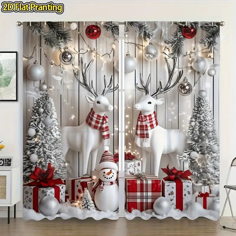 TEMU Plat 2D, 2pcs Rideaux à Impression Plate 2D, Lot de 2pcs Imprimé Plat 2D, Ensemble de Rideaux de Noël, Motif Blanc et de Neige, Thème Écharpe à