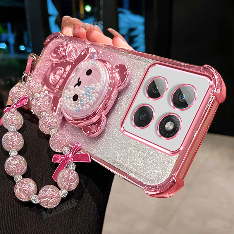 TEMU Phone Case - Acanries Luxury Star Bead Wrist Strap Chain Lanyard With Cute Quicksand Bead Bear Folding Stand Holder And Plating Gradient Glitter