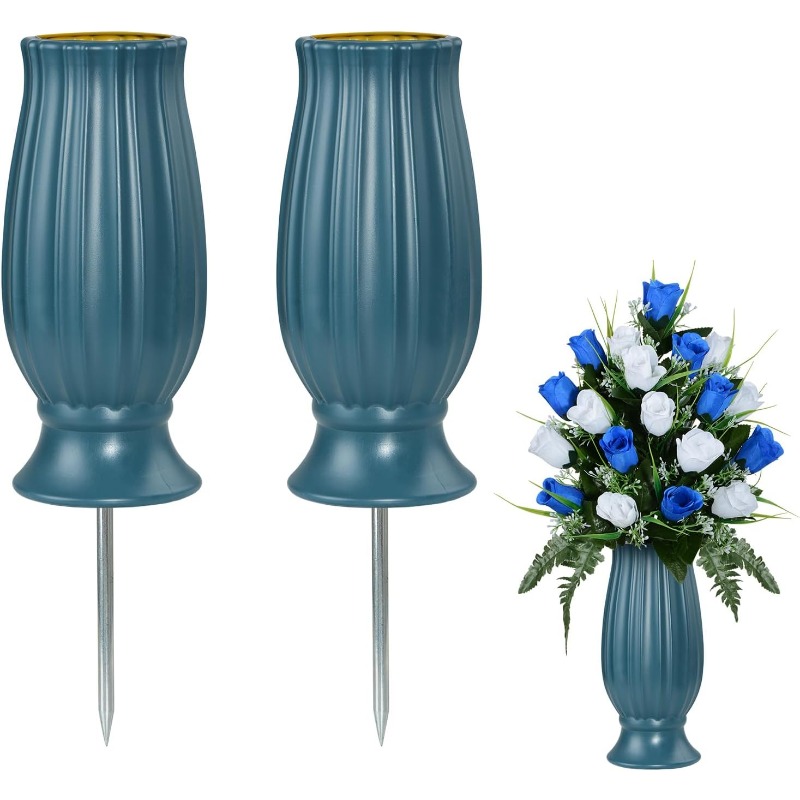 cemetery grave vase for fresh artificial flowers memorial flowers holders with long spike stake for gravestone grave cemetery decorations blue 2pcs