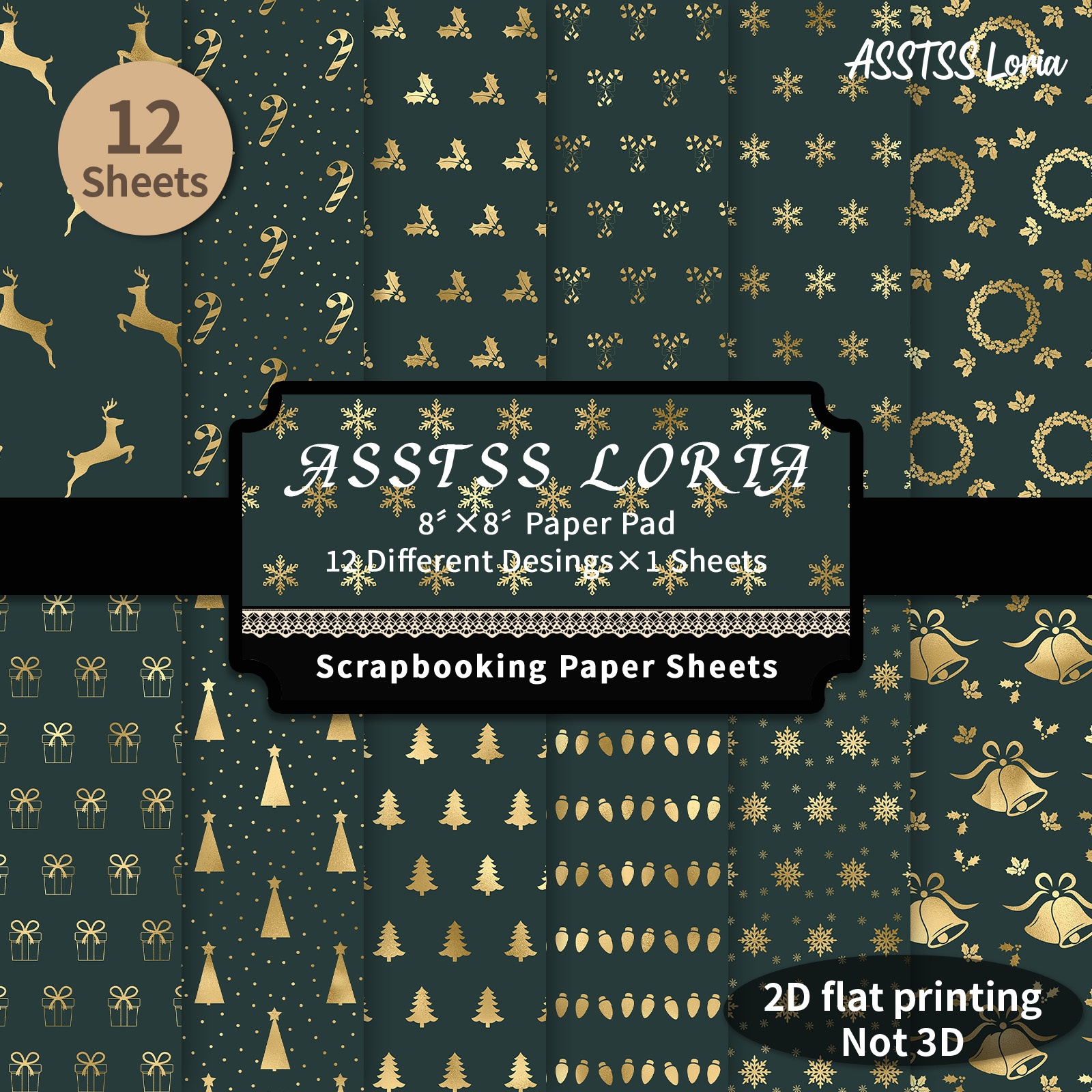 TEMU Lot de 12 feuilles de papier scrapbooking ASSTSS Loria 8X8 pouces, papier de base 2D/plan d'avion de Noël doré et encre, papier cartonné épais
