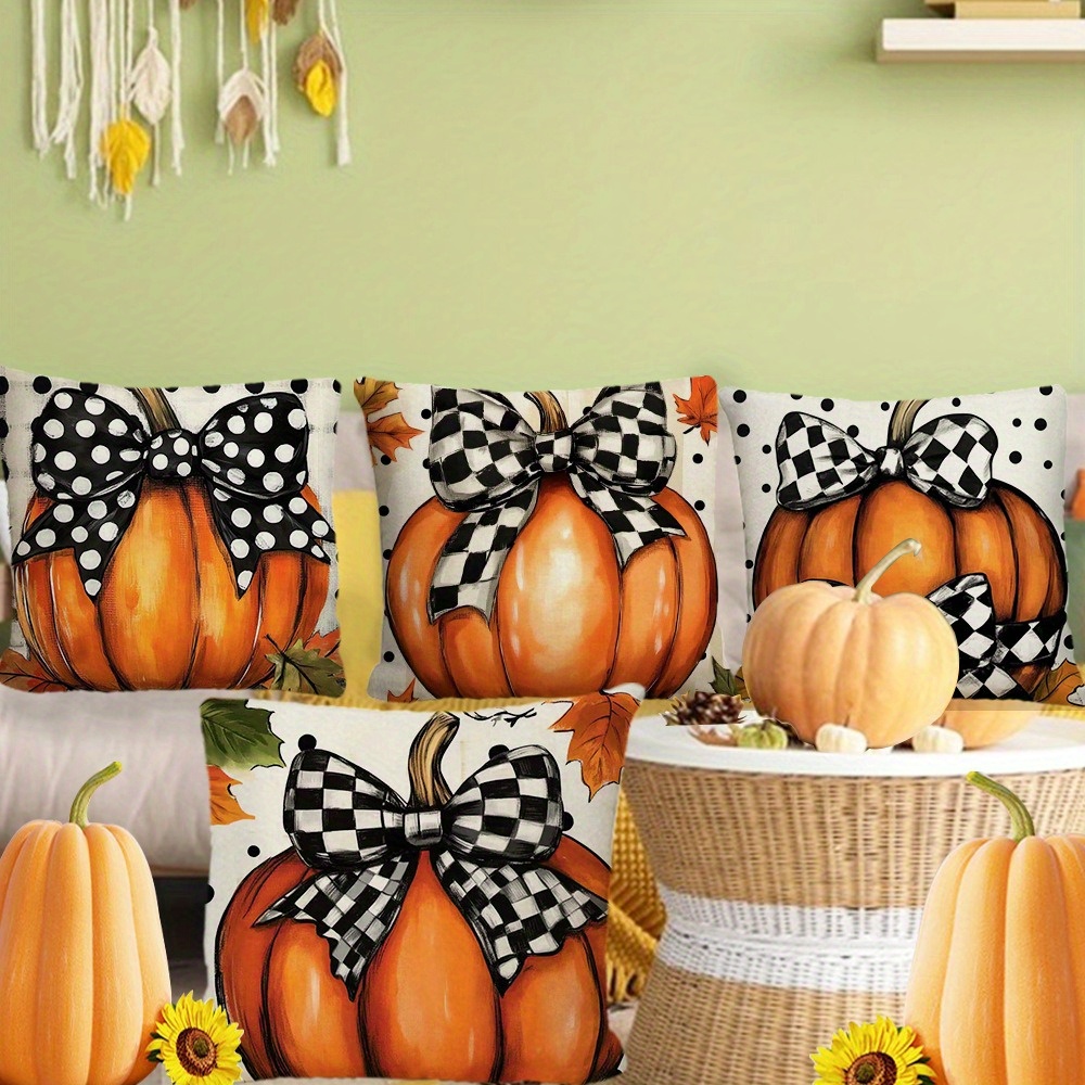 4pcs of cartoon niche bow pumpkin printed zipper pillowcase double sided polyester printed pattern zipper closed home decoration living room bedroom and sofa home decoration not included in the pillow Product details 2