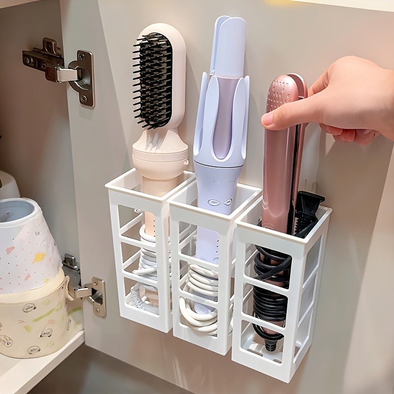TEMU 3pcs Storage Case For A Curling Iron, A Rack For A Hair Dryer, No-drill Design, Moisture-proof, White, Wall-mounted, Made Of Plastic,