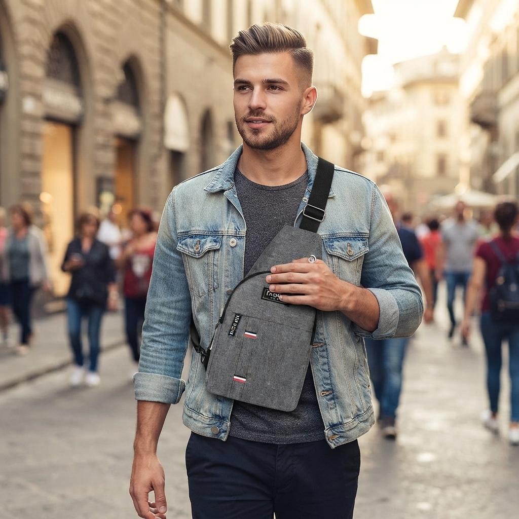 TEMU Men' Shoulder Bag, Gray Large-capacity Business Crossbody Bag, Stylish Casual Canvas Bag, Multi-functional Commuter Backpack, Lightweight And