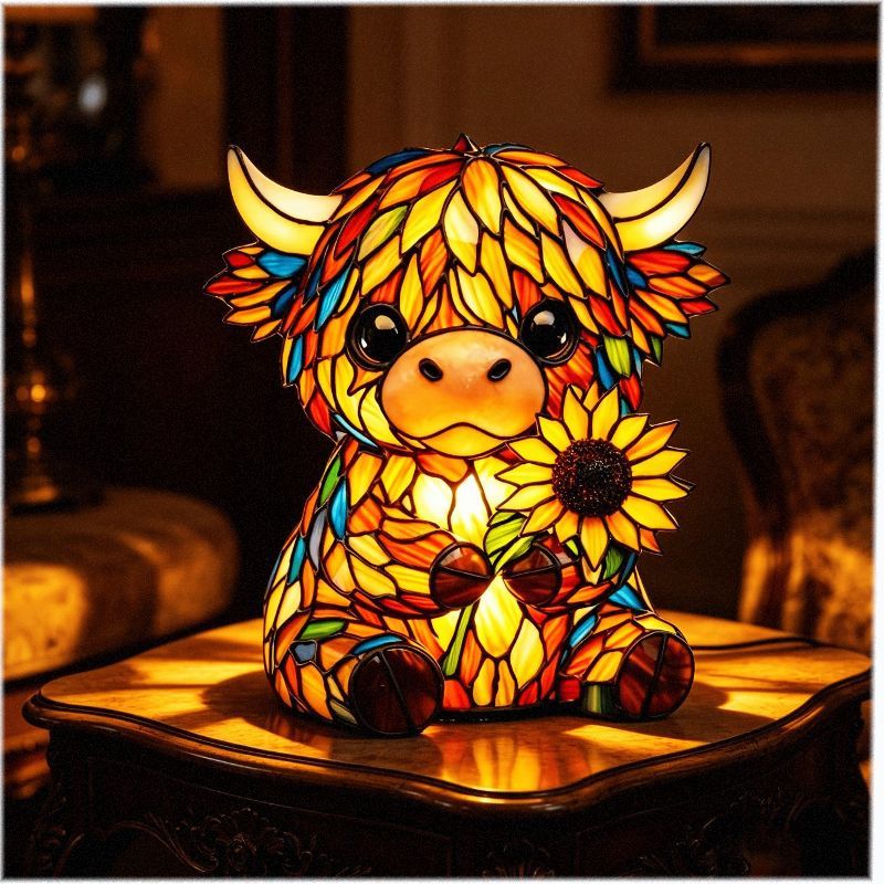 TEMU Diy Diamond Painting, Cute Highland Cow With Sunflower, Stained Home Decor, Warm Glowing Lamp Craft For Living Room Gift