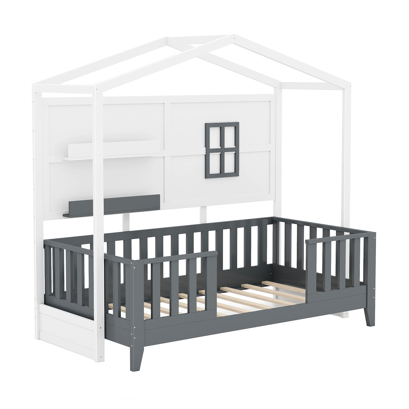 House Bed, Floor Bed With 2 Shelves And , Kids House Shaped Bed With Window And Fence, White & Gray