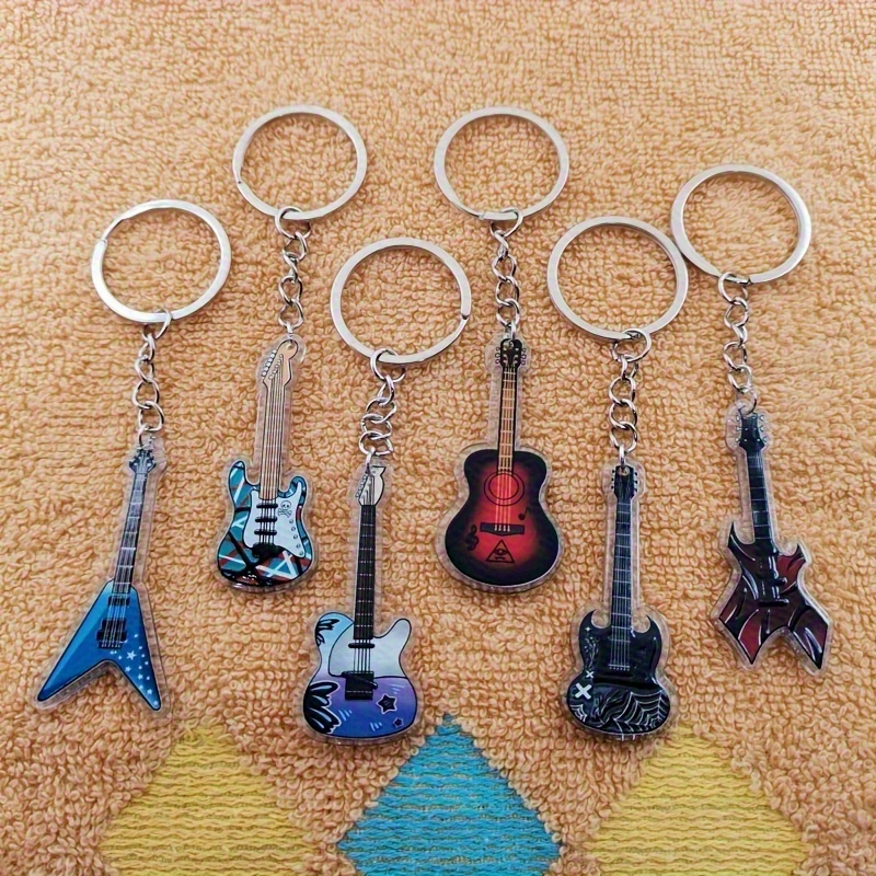 TEMU Mini porte-clés guitare 2D plat 6 pièces en acrylique, ensemble de porte-clés sur le thème de la musique, anneau en alliage à suspendre, sac à