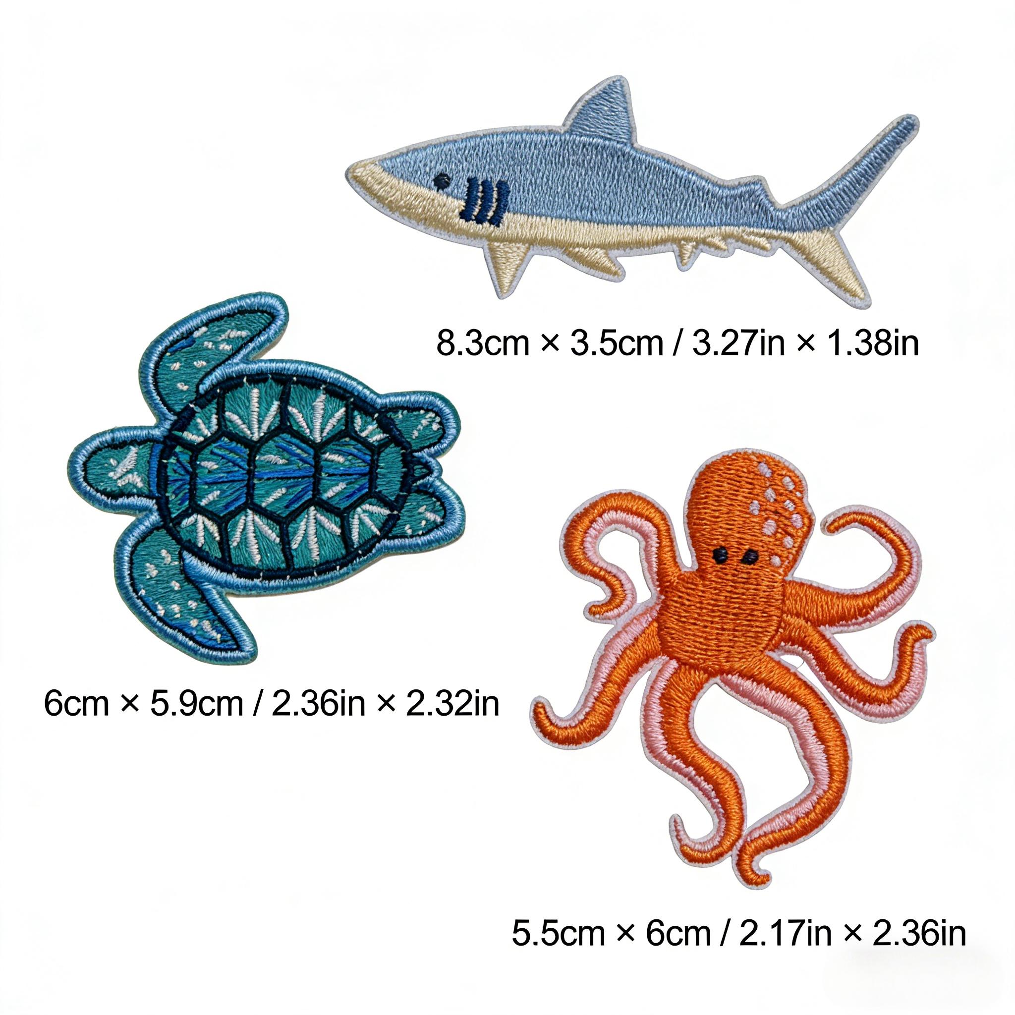 TEMU 3pcs Set Of Shark, Turtle, And Octopus Adhesive Embroidered Patches, Marine Animal Fabric Patches, Cute Cartoon Anime Clothing Decoration