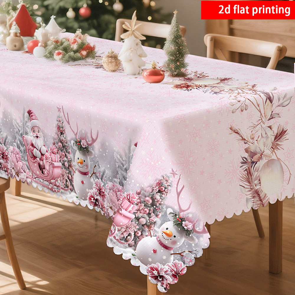 TEMU 2d Flat Printing, 1pc, Pink-themed Snowman, Christmas Tree, Reindeer, And Santa Claus Embossed Tablecloth, Durable Polyester Material, For