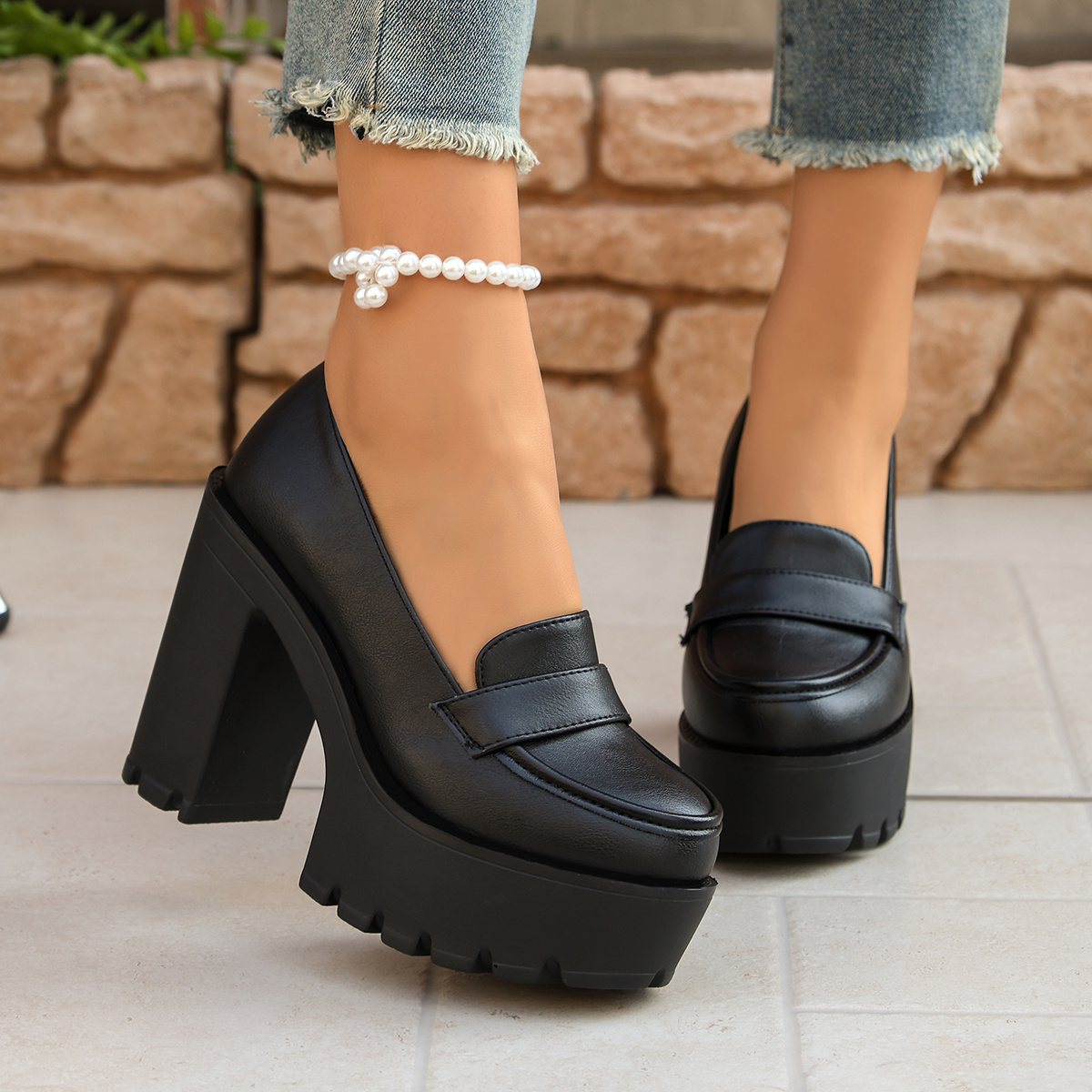 TEMU Women's High Heels, Thick Sole And Platform, Chunky Heel Loafers Slip-on Flat Minimalist Single Shoes, Chunky Heel, Women Shoes