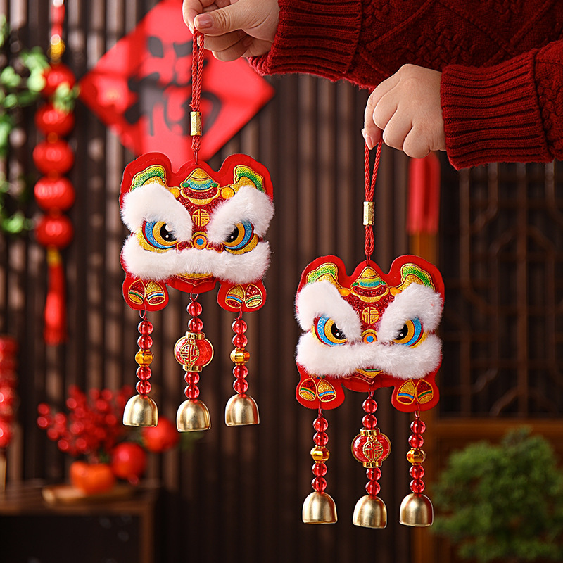 

1pc Traditional Chinese Hanging Decoration For 2025 New Year - Red & Golden Wall/door Chime With Bells, Feathers & Ribbons, Polyester, No Battery Required - Living Room & Celebrations, Lion Wall Decor