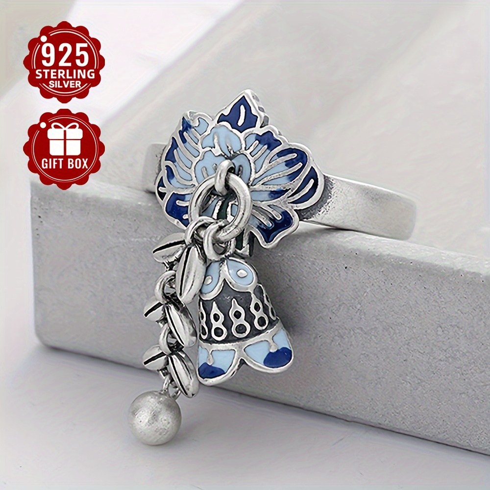 S925 Open Ring Epoxy Wheat Sheaf Flower Tassel Bell Retro Women's Ring