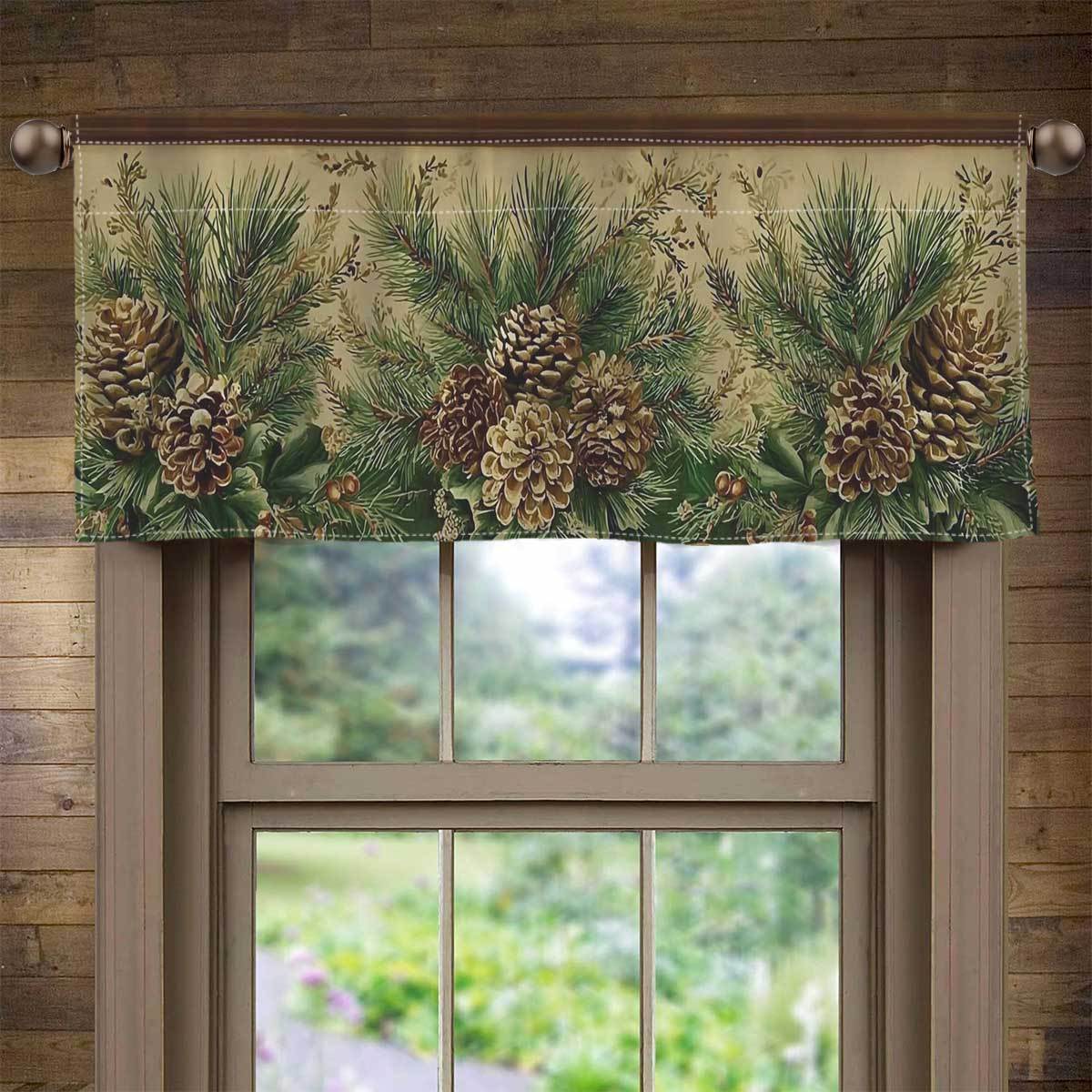 TEMU 2d Flat - 2d Flat Print 54x17.7in/137x45cm Farmhouse Pine Cone And Fir Branch Window Valance Curtain With Rod Pocket Semisheer Greengoldenbrown