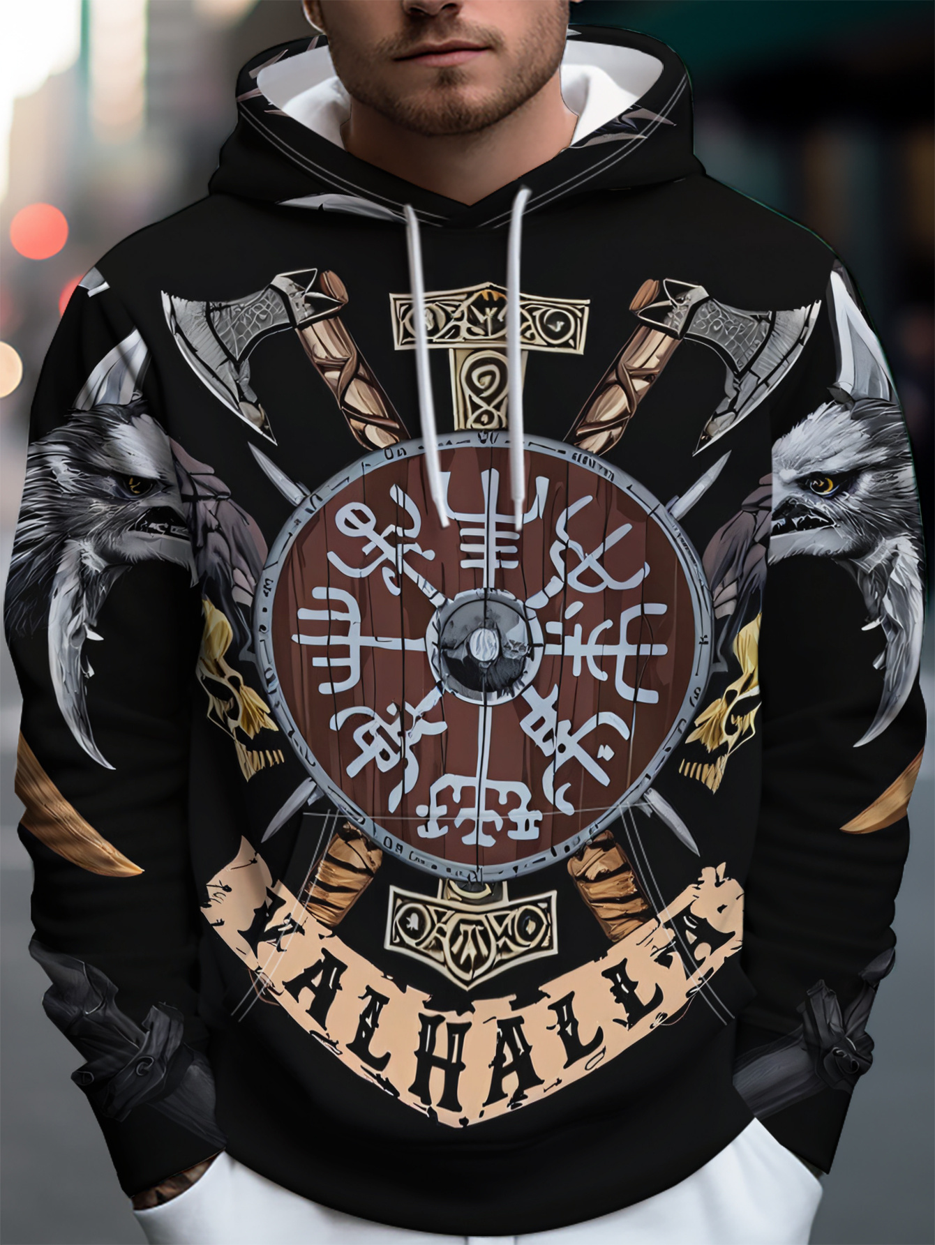 Men's Trendy Street Style Hoodie With Nordic Eagle Axe Patch_voghion.com