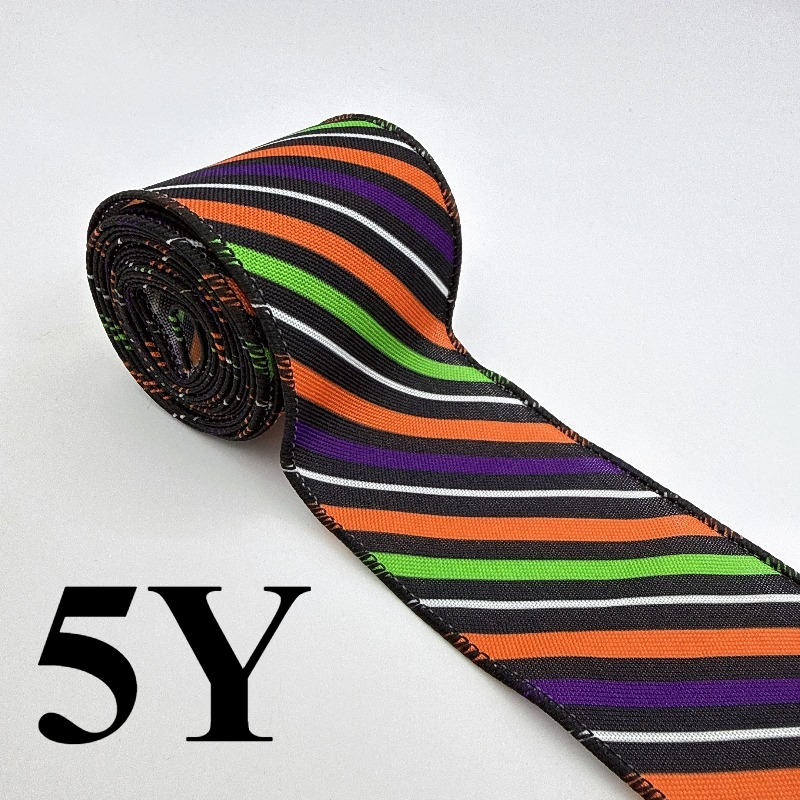 TEMU 5-yard/6.3cm/2.5-inch With Contrasting Orange, Green, Purple, And , Wire- Ribbon, Classic Halloween Color Scheme Striped Woven Ribbon For