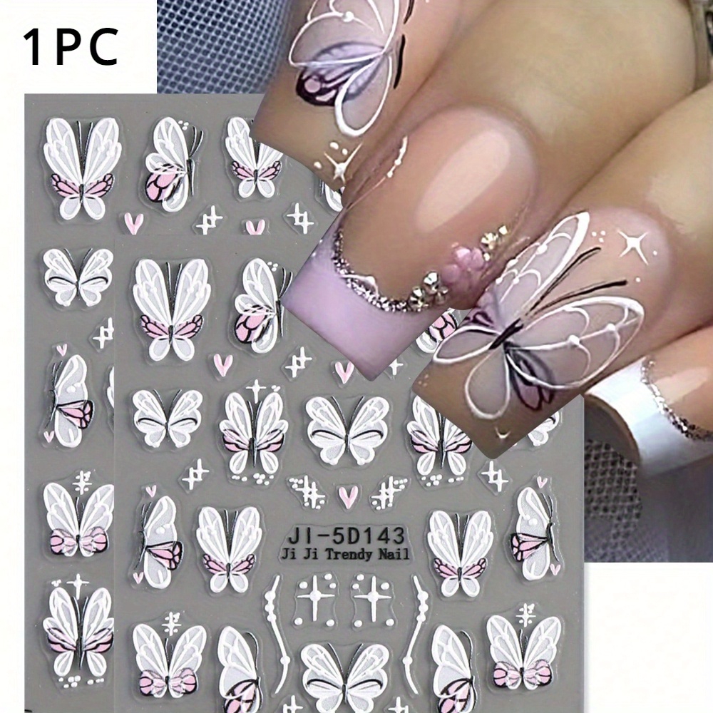 Image of 1sheet Embossed Lace Nail Decals Pink Wedding Nail Floral Stars 5d Kawaii Pattern Japanese Cute Nail Art Decorations Nail Salon