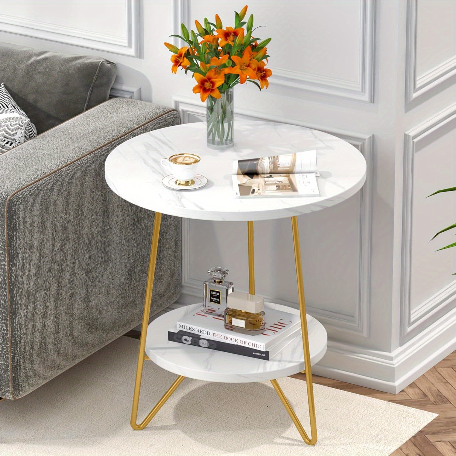 Image of Marble End Table, 2 Tier Round Side Table With Shelves, Modern Golden Nightstand Bedside Table Coffee Accent Table For Living Room Bedroom, White And Golden