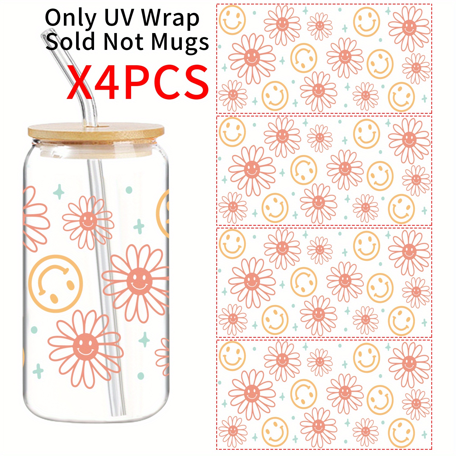 E-shop Set mit 4 UV DTF Transfer Aufklebern mit Smiley-Gesichtern, Blumen und Sternmustern, geeignet für 16-Ounce Glasbecher, Flaschen, Laptops und