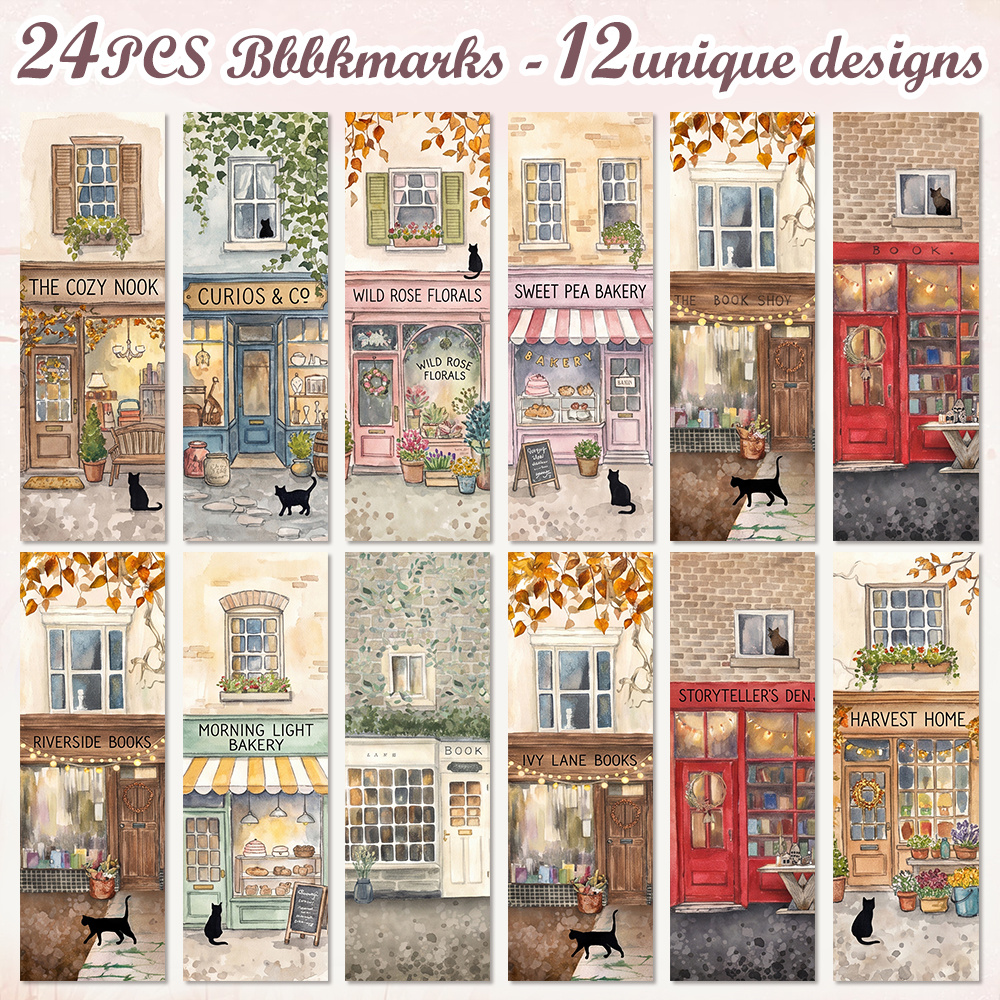 TEMU 24pcs Watercolor Cozy Town Storefront Paper Bookmarks, Vintage Bookstore Bakery Florist Black Cat Cottagecore Page Markers, Warm Aesthetic Book