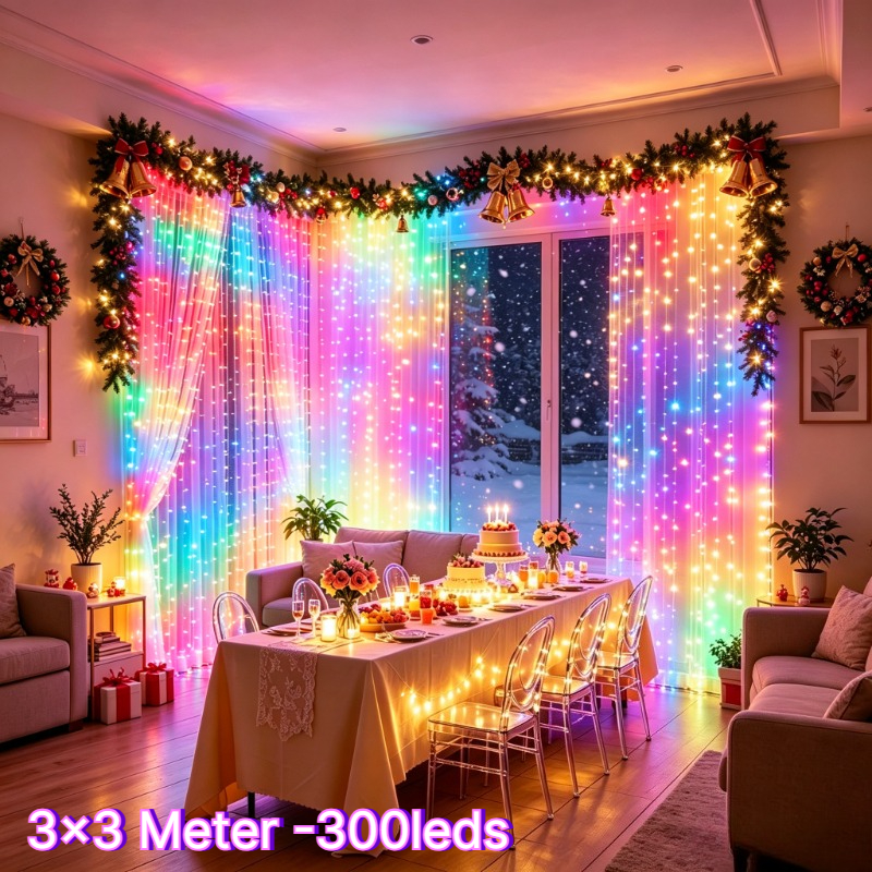 TEMU Christmas Atmosphere Color-changing Curtain Lights | Holiday Dinner Ambiance Enhancer, Instantly With Festive Style! Christmas Rgb Gradient