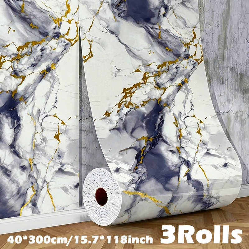 Image of 3rolls 40x300cm/15.7x118in Self Adhesive Bright Surface Imitation Marble Wall Sticker, Wall Panel Hanging Decorative Tiles, Waterproof And, Washable, Removable Without Leaving Glue, Seamless Splicing