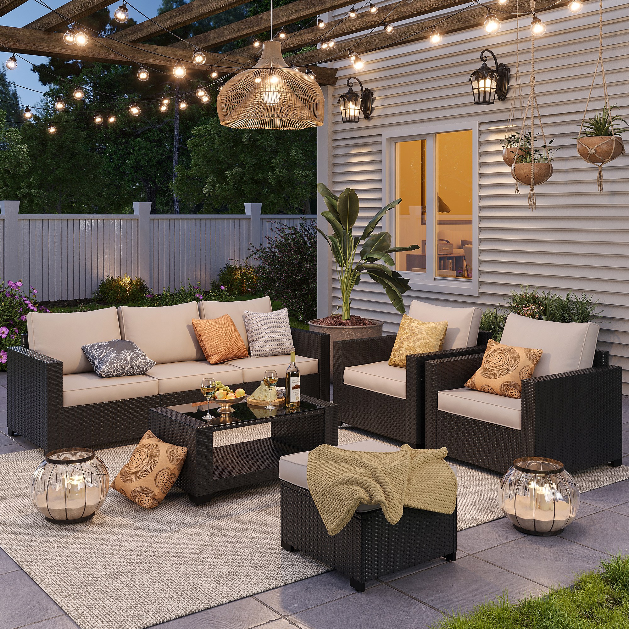 7pcs patio furniture set outdoor rattan sectional sofa with glass coffee table all weather conversation set with blue beige cushions modular couch for backyard porch garden deck poolside