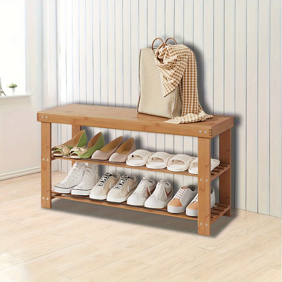 tier bamboo shoe rack bench wood grain Temu Spain