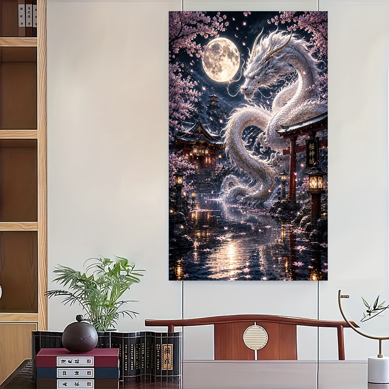 TEMU New Arrival Japanese-themed 5d Diamond Painting Suitable For Wall Decor - Vertical Landscape With Gilded White Dragon, Torii Gate, Pink &