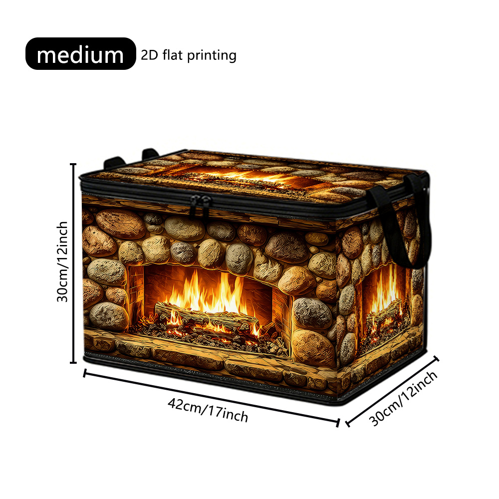TEMU 1pc Large Capacity Foldable Storage Box With Stone Fireplace & Blazing Firewood Print - Soft Lid Suitable For Room, Wardrobe Organizer, Zippered
