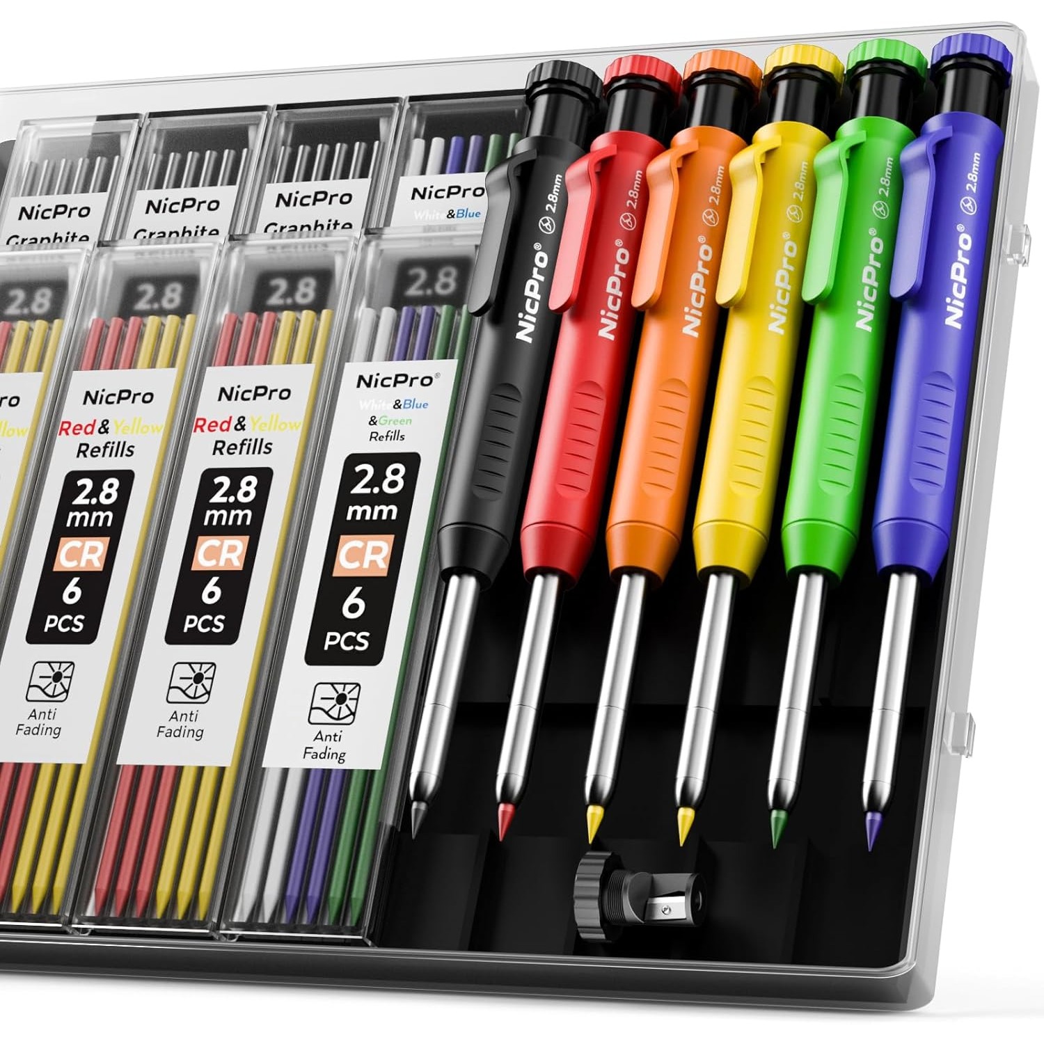 Deep Hole Marker Pencil Set, 6pcs Solid Pencils With 48pcs Leads, Drill Hole Marker Mechanical Pencil, Pencil With Built-in Sharpener For Woodworking
