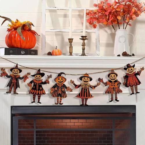 6pcs vintage wooden hanging banners witches pumpkins wall decor with stripes board decorations suitable for to hang for halloween christmas parties no electricity needed