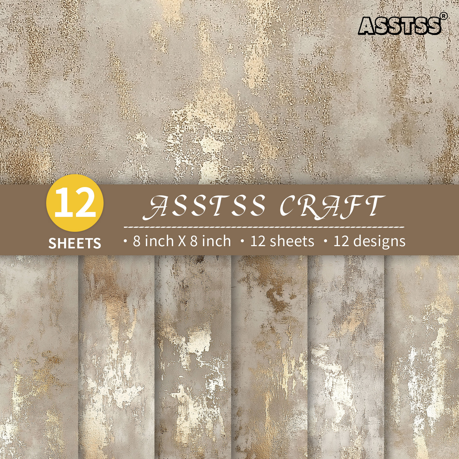 TEMU 12-sheet Asstss 8*8-inch Scrapbooking Paper Pad, Light Golden-brown Distressed Texture Style Backing Paper Supplies, Heavyweight Cardstock For