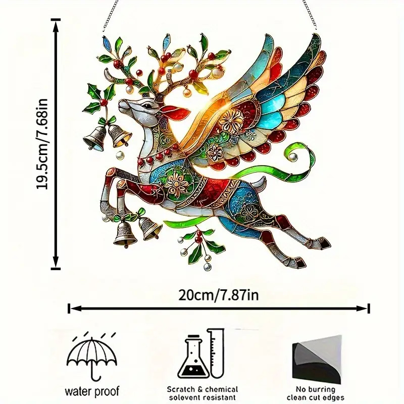 TEMU 2d Flat, Vivid Double-sided Acrylic Reindeer Stained Glass Window Decoration - "colorful Christmas Scene With A And Holly Ornaments, Perfect For