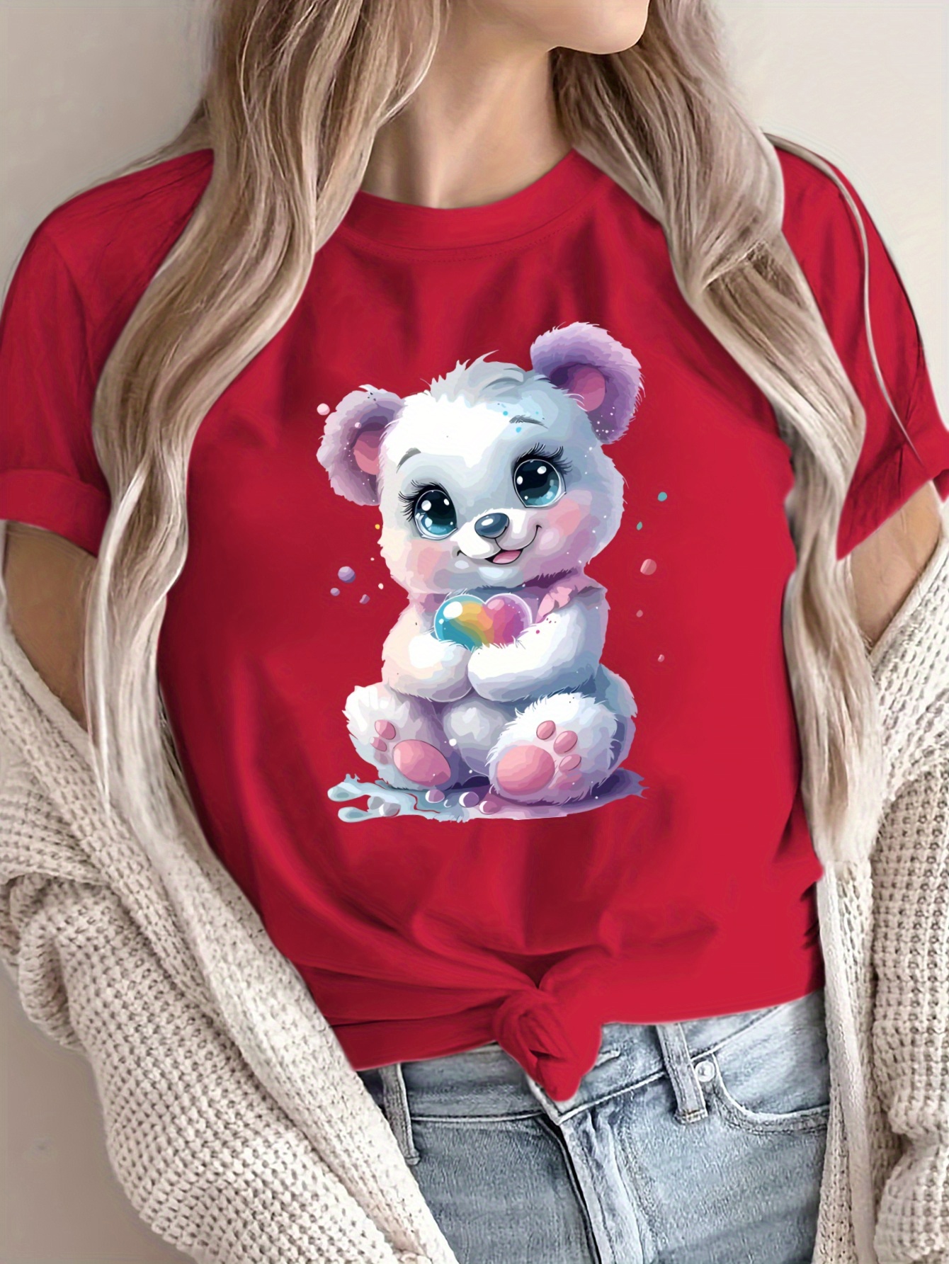 adorable cartoon bear print womens t shirt soft breathable Temu