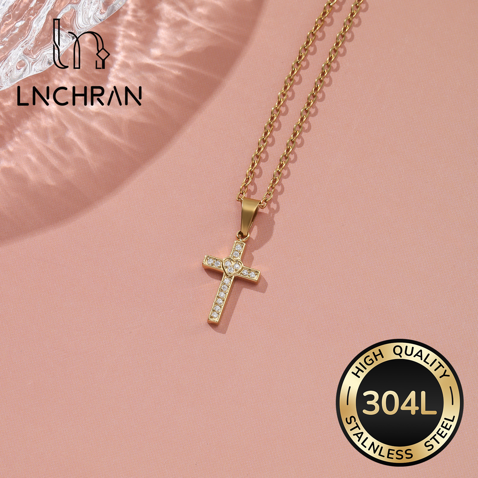 Image of Women's Golden Cross Pendant Necklace With Synthetic Zirconia Set In A Stainless Steel Chain, Fashion
