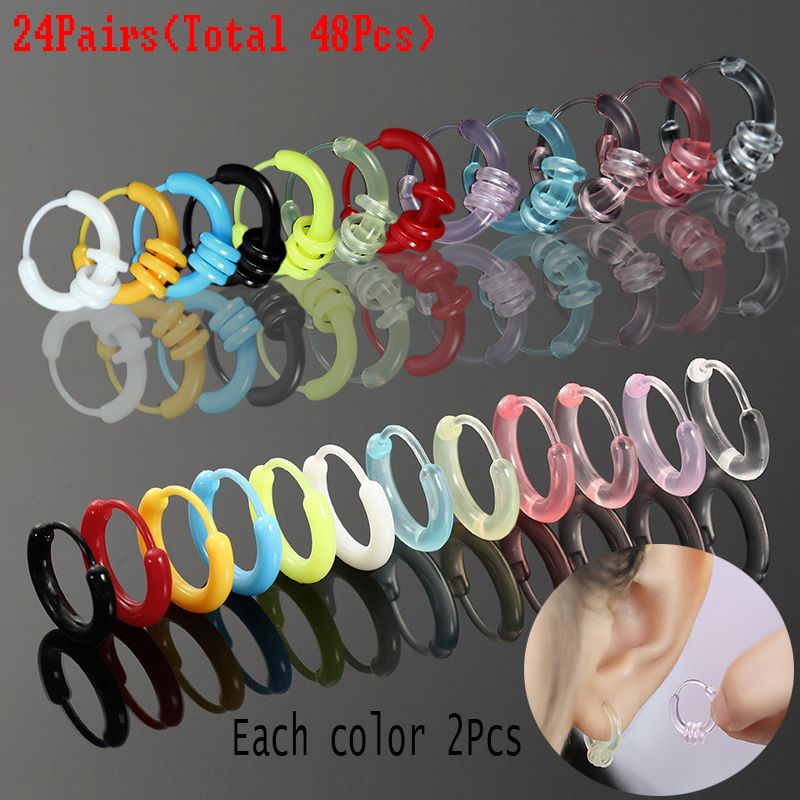 TEMU 24pairs (total 48pcs) Multi-colored Resin Hoop Earrings, Clear Colored Hoops, Lightweight Design, 2 Styles, 12 Colors, Suitable For Sensitive