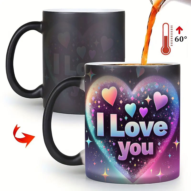 Image of 1pc "i Love You" Heart Pattern Color Changing Mug | 11oz Heat Sensitive Mug, Ceramic Tea Cup, Novelty Gift For Valentine's Day, Anniversary, Hand Wash Only, Reusable