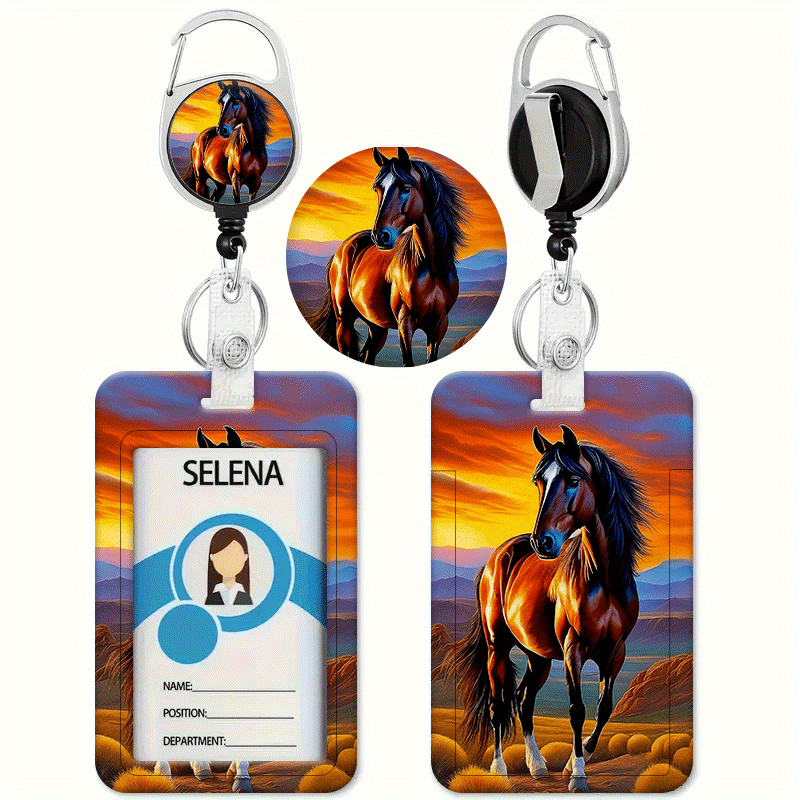 TEMU Horses Style Orange Sunset Printed Pattern Card Holder With Retractable Buckle Id Lanyard - Id And Credit Card Holder, Heavy-duty Id Lanyard