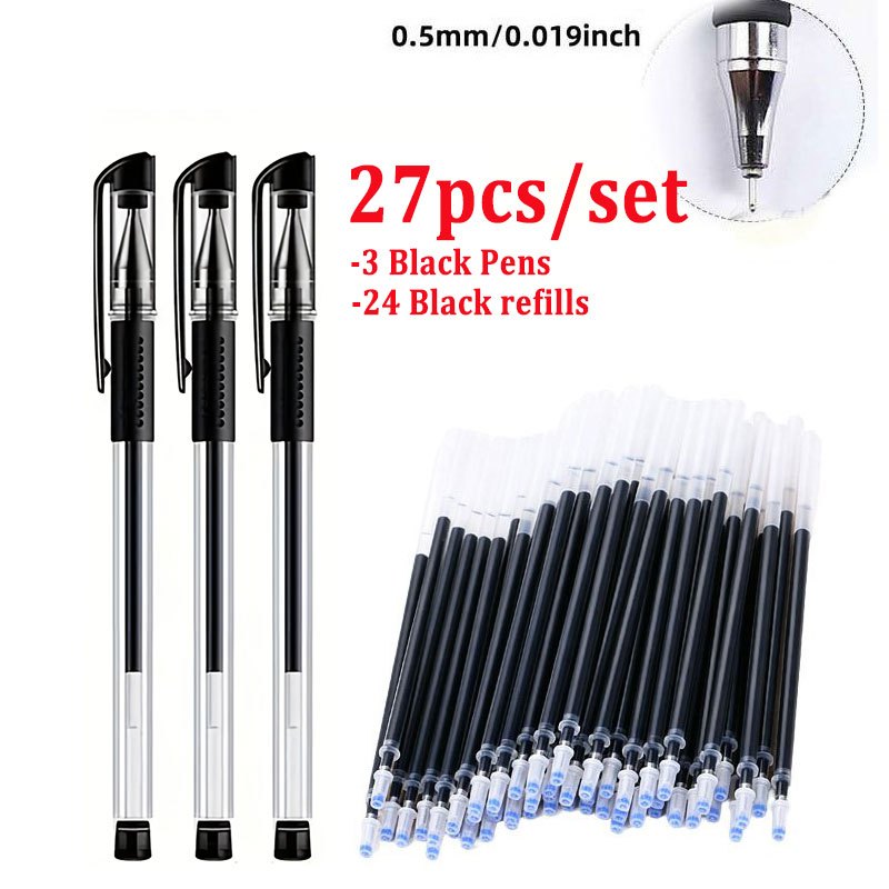 TEMU Lot de 27 stylos à gel [3 stylos + 24 cartouches] 0,5 Stylo de bureau Stylo à encre de carbone noire Stylo à eau pour étudiant