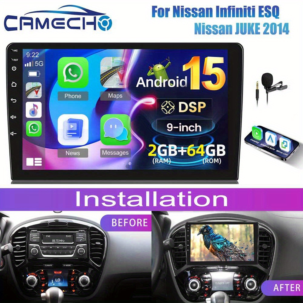 Image of Camecho For 15.0 Dsp Stereo Radio For For Esq/ For Juke 2014 With For Auto , [2g+64g] 9 Inch Hd Ips Touch Screen Build-in Gps B/ T Radio Wifi Ahd Backup Mic