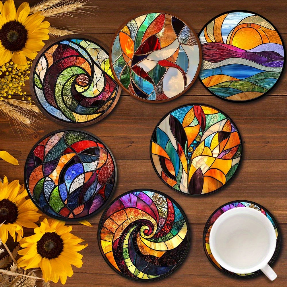 

6pcs Set Of Wooden Coasters With Cork - 2d Print Colorful Stained Glass Swirl , Drinks, - , Bar & Restaurant Decor Christmas Gift