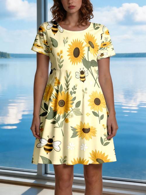 1pc Bee and Sunflower Floral Women s Summer Simple Dress, Casual Loose Sleep Dress, Suitable for Indoor , Bedroom , , Weekend Lounging, Short- B&B Stays, and Holiday Relaxation. Versatile for Multiple
