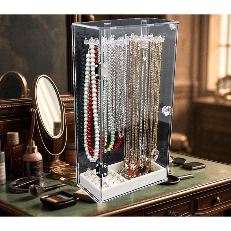 compact size sleek black acrylic jewelry organizer multi compartment necklace and bracelet storage rack with lockable closure fabric lined interior   dresser display jewelry organizer storage jewelry boxes Product details 0