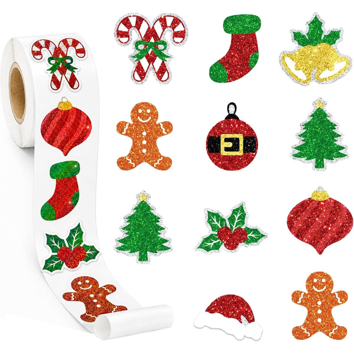 TEMU Rouleau d'autocollants de Noël laser, 1 pouce Autocollants d'arbre de Noël laser, 550 pièces | Holographiques et scintillants, d'hiver de dessin