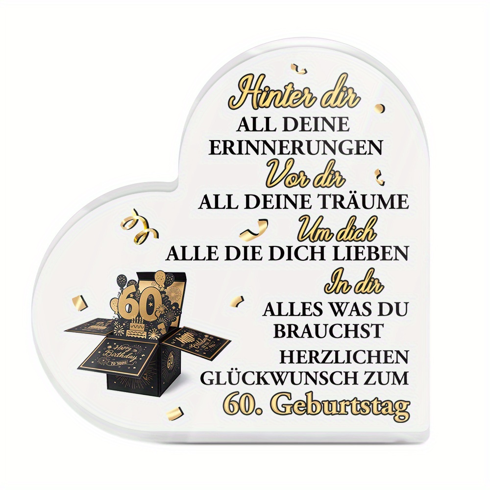 2d Flat Putuo Decor 1pc German Heart Shaped Acrylic Sign Table Decor, All Congratulations On Your 60th Birthday, Desktop Decoration For Home Room Party, Birthday Gift