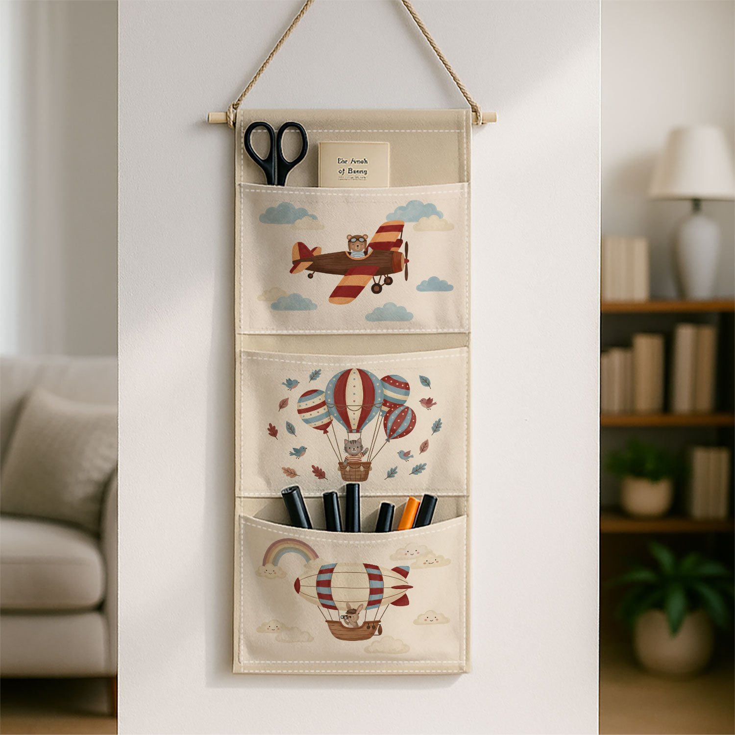 TEMU 1pc Airplane Hot Air Balloon & Clouds Wall-mountable Hanging Storage Bag With 3 Pockets - Suitable For Bedroom, Space- Decor, Bag For & Room