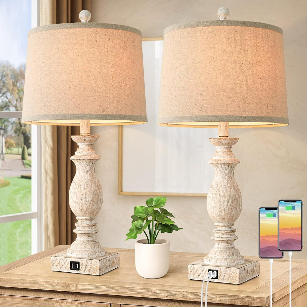 

Set Of 2 Table Lamps 26.5in Rustic Table Lamps With Usb , Farmhouse Bedroom Lamps With Rotary For Switch & E26 Base, Vintage Bedside Nightstand Lamps With Fabric Shade For Hotel Bedroom Living Room