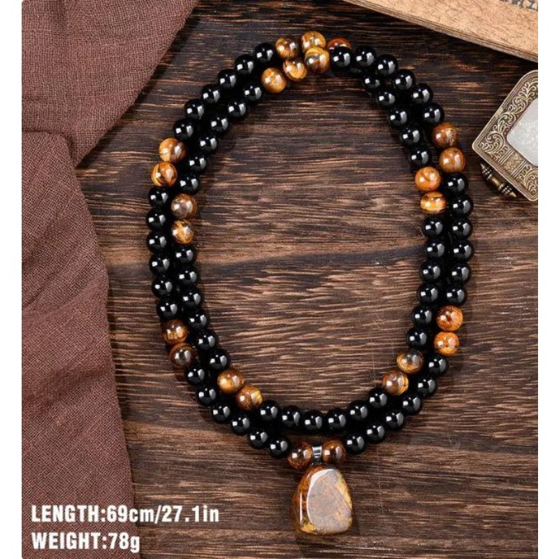 TEMU Money Tiger Eye Pendant Necklace With Free Bracelet, Obsidian Long Sweater Chain, Bracelet, Unisex Accessories For Anniversary, Vacation & Theme