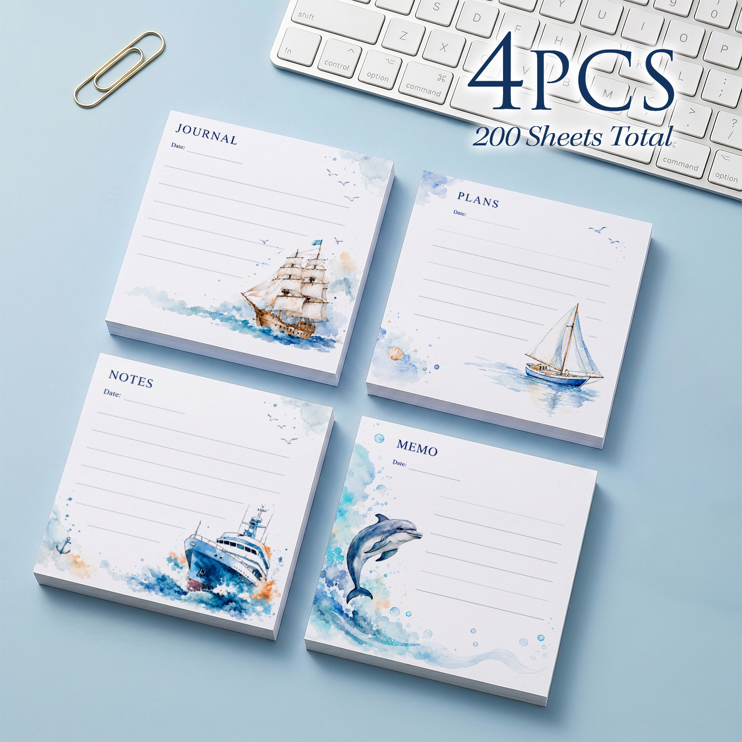 TEMU 4er-Set Haftnotizen mit Ozean-Thema, geeignet für Notizen, Erinnerungen, Lesezeichen & Planung – insgesamt 200 Blatt mit Aquarell-Meeresmotiven