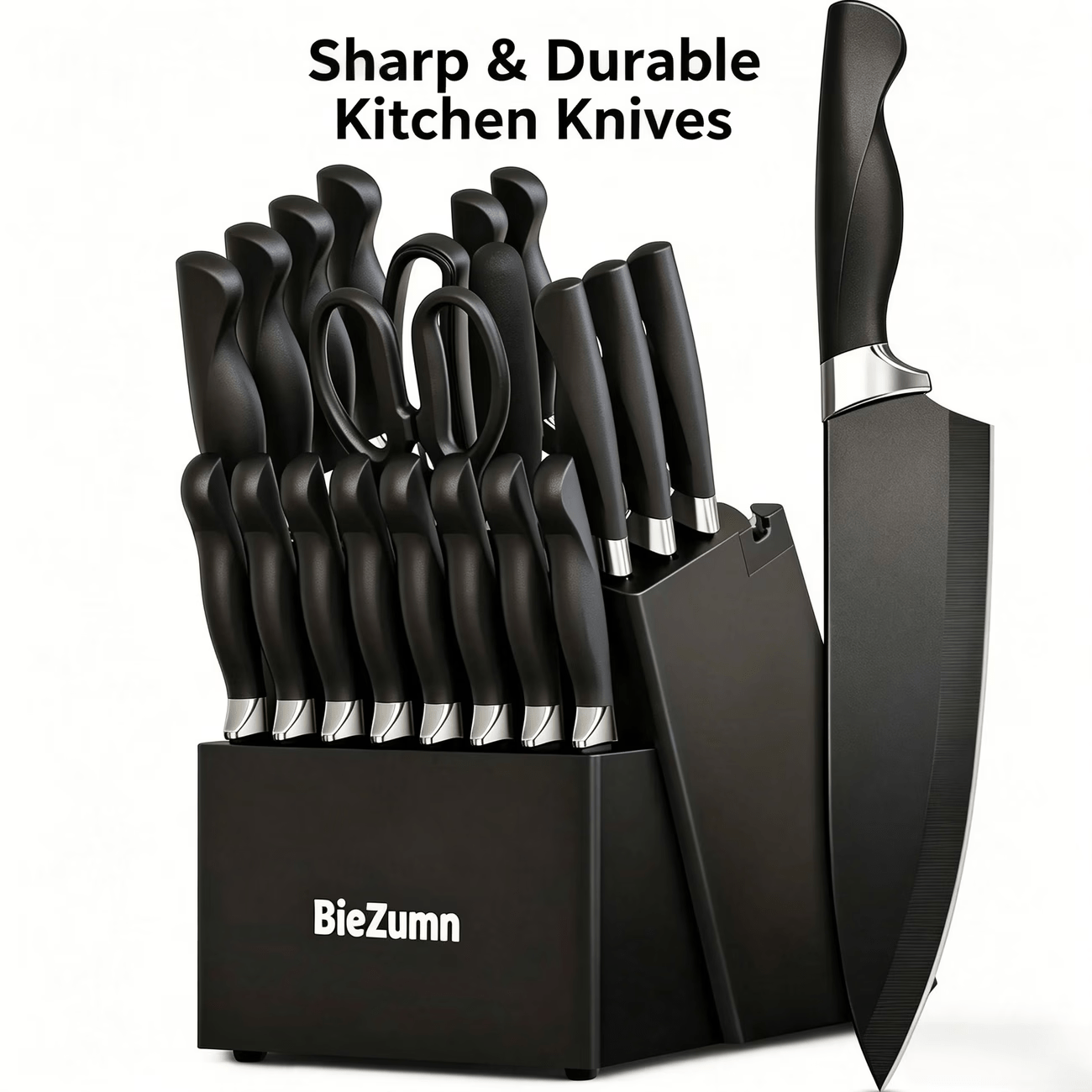 BIEZUMN Full Set Kitchen Knives with Black Non-Slip Handle and Knife Stand,   Home Use for Slicing and Bone Chopping, Kitchen Accessories Clearance Deal, Must-Have Kitchen Essentials